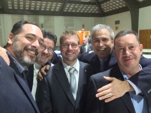 Council officers Mike Walsh, Neal Cullen, Michael Hensh and Jim Cosgrove bookend Council 3397's newest Knight, Doug Miedel, after his First Degree ceremony.